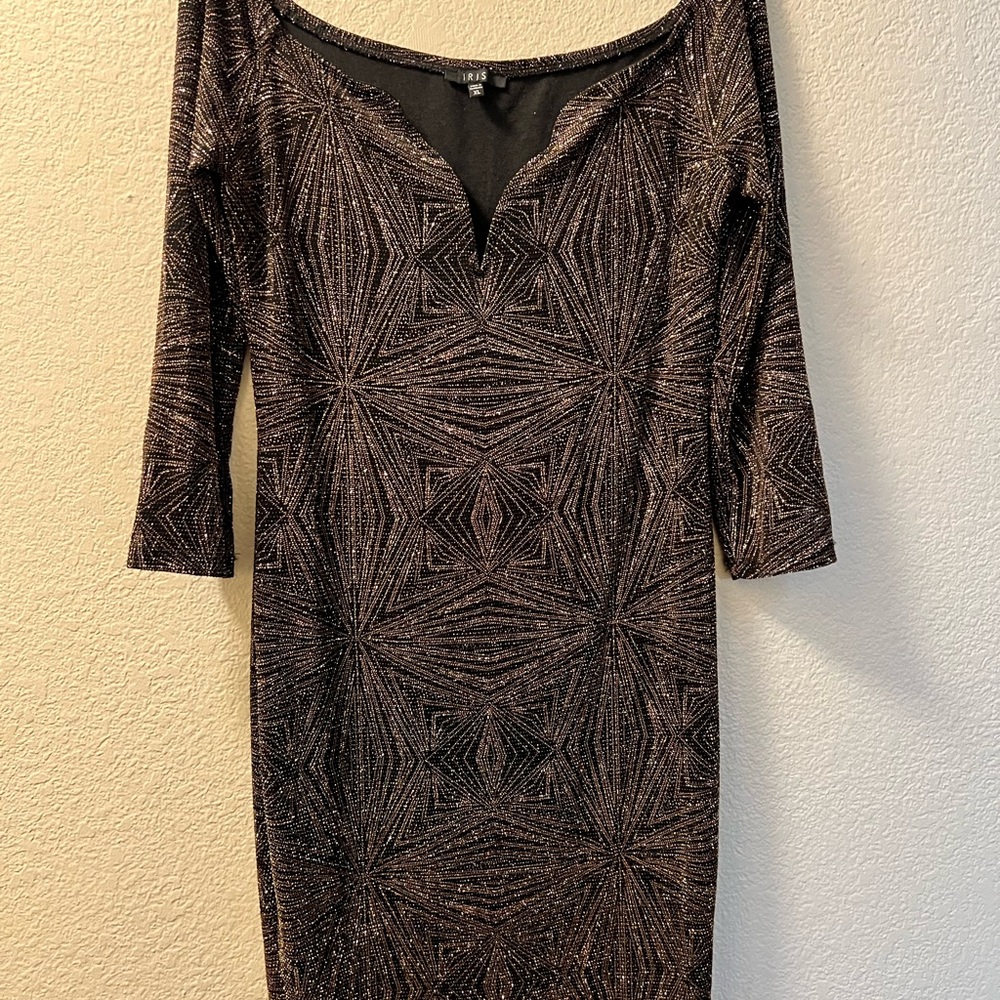 Iris Black and Gold Bodycon Dress with 3/4 Sleeves